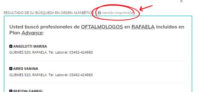 Listado de Prestadores. Acceso a la versión imprimible